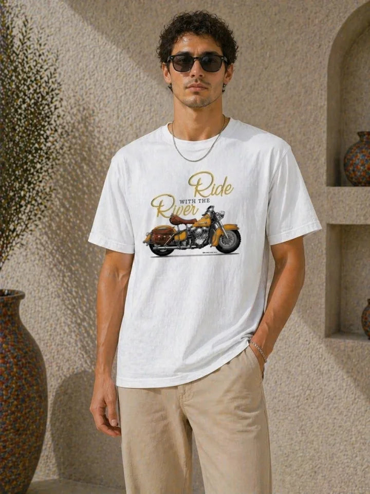 Erkek Motosiklet Baskılı Tişört Bisiklet Yaka Kısa Kol Yazlık T-Shirt - Beyaz (188992)