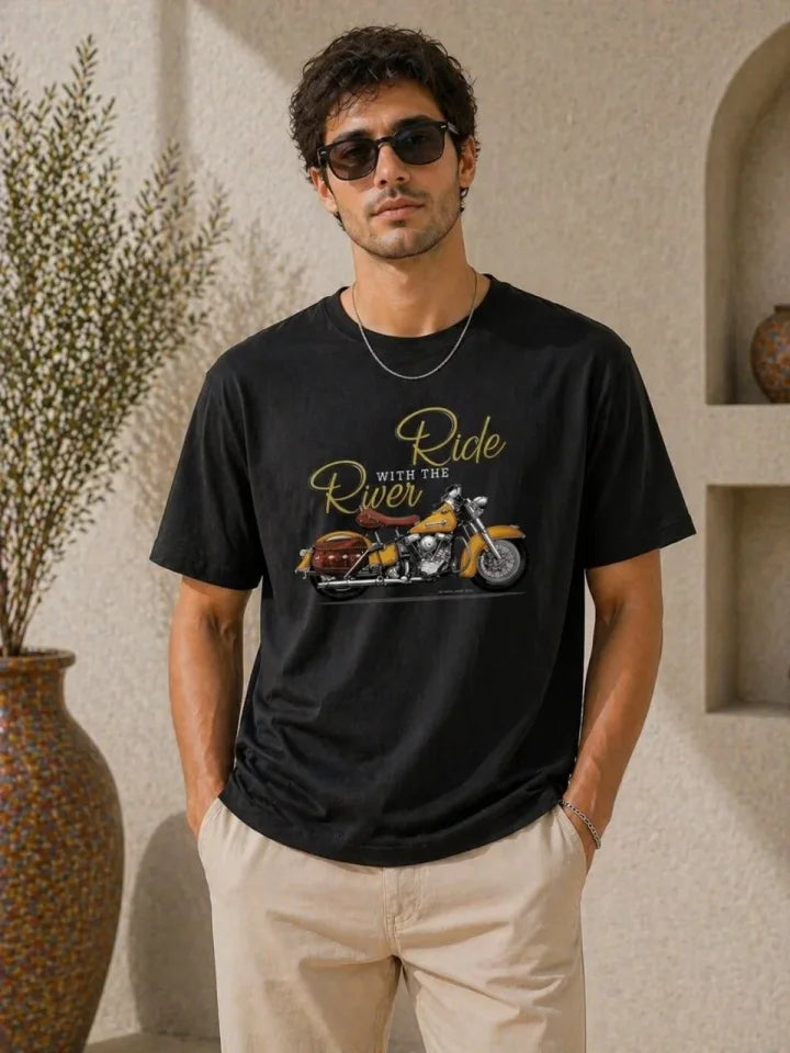 Erkek Motosiklet Baskılı Tişört Bisiklet Yaka Kısa Kol Yazlık T-Shirt - Siyah (188993)