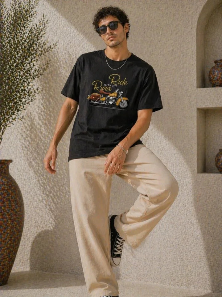 Erkek Motosiklet Baskılı Tişört Bisiklet Yaka Kısa Kol Yazlık T-Shirt - Siyah (188993)