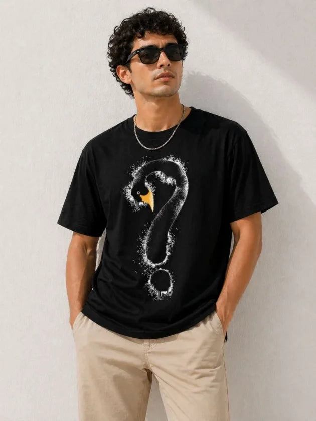 Erkek Kuğu Figürlü Soru İşareti Baskılı Tişört Kısa Kol T-Shirt - Siyah (188995)