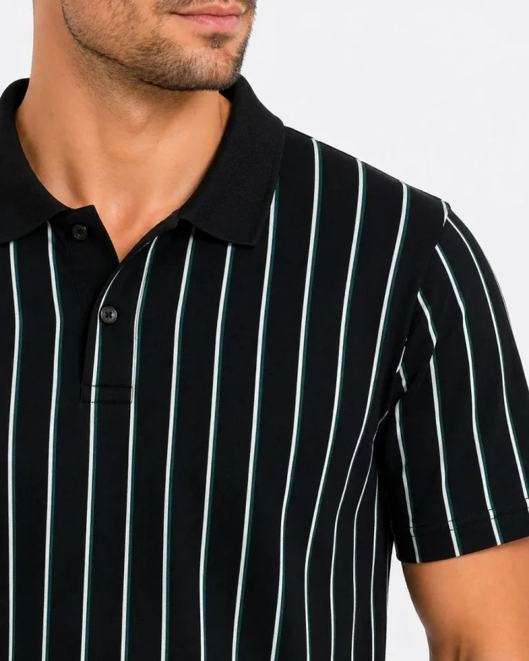 Erkek Pike Kumaş Çizgili Polo Yaka Tişört Kısa Kol Yazlık T-Shirt - Siyah (189014)