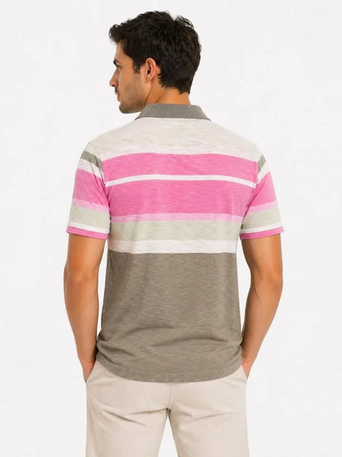 Erkek Flamlı Penye Çizgili Polo Yaka Tişört Kısa Kol Yazlık T-Shirt - Gri (189016)