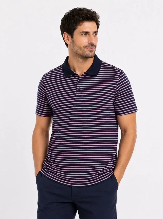 Erkek Pike Kumaş Gül Kurusu Çizgili Polo Yaka Tişört Kısa Kol T-Shirt - Siyah (189017)