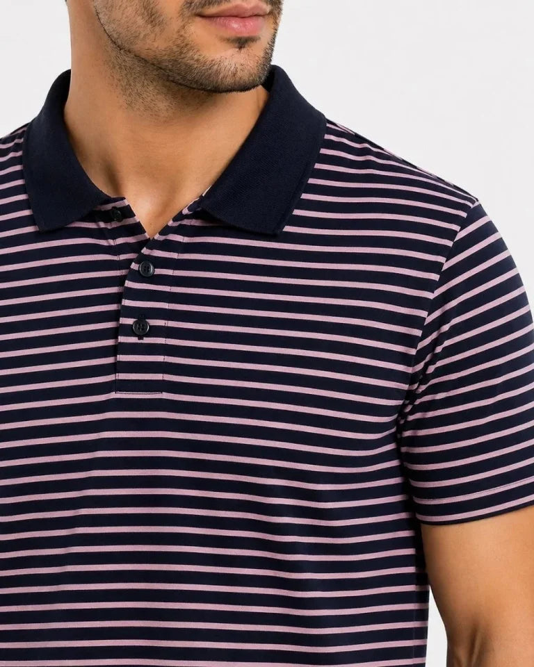 Erkek Pike Kumaş Gül Kurusu Çizgili Polo Yaka Tişört Kısa Kol T-Shirt - Siyah (189017)
