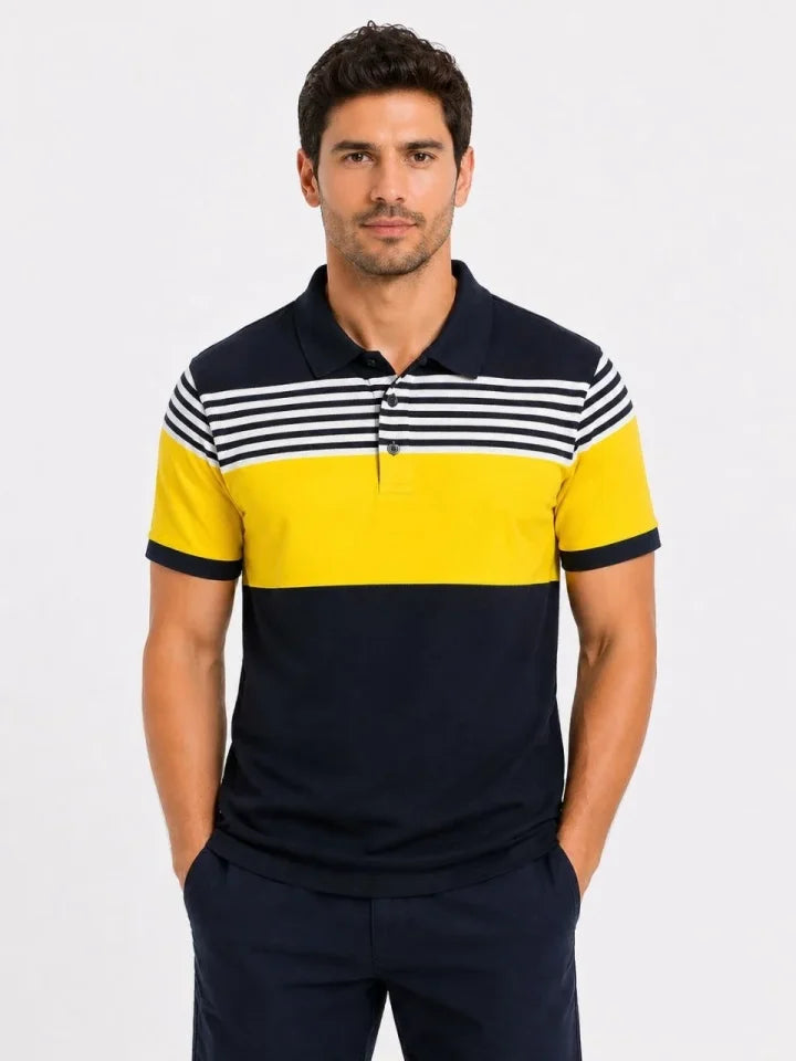 Erkek Pike Kumaş Çizgili Polo Yaka Tişört Kısa Kol Yazlık T-Shirt - Lacivert (189019)