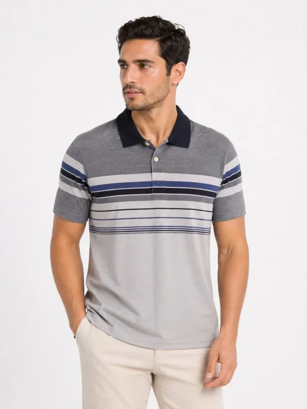 Erkek Flamlı Penye Çizgili Polo Yaka Tişört Kısa Kol Yazlık T-Shirt - Gri (189020)