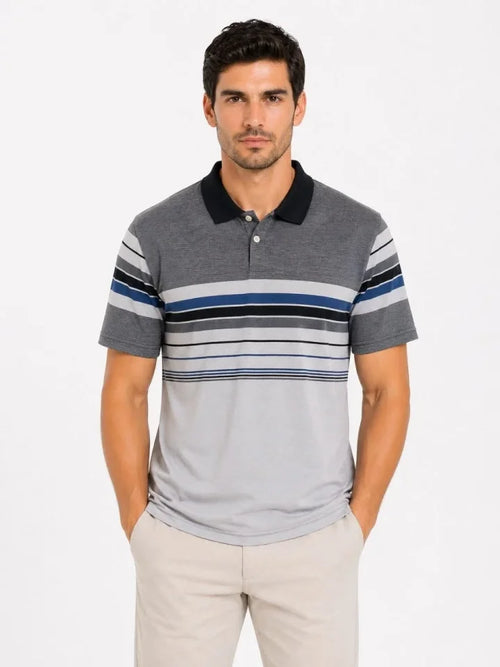 Erkek Flamlı Penye Çizgili Polo Yaka Tişört Kısa Kol Yazlık T-Shirt - Gri (189020)