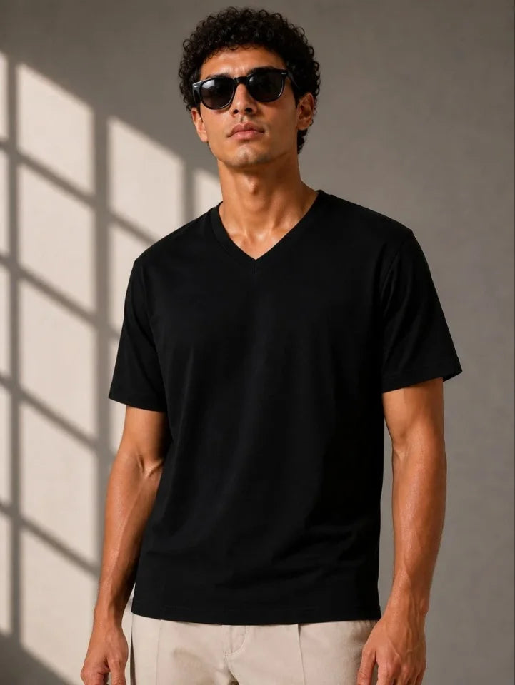 Erkek V Yaka Basic Tişört Kısa Kol Yazlık Regular Fit T-Shirt - Siyah (189118)