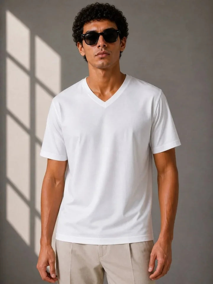 Erkek V Yaka Basic Tişört Kısa Kol Yazlık Regular Fit T-Shirt - Beyaz (189119)