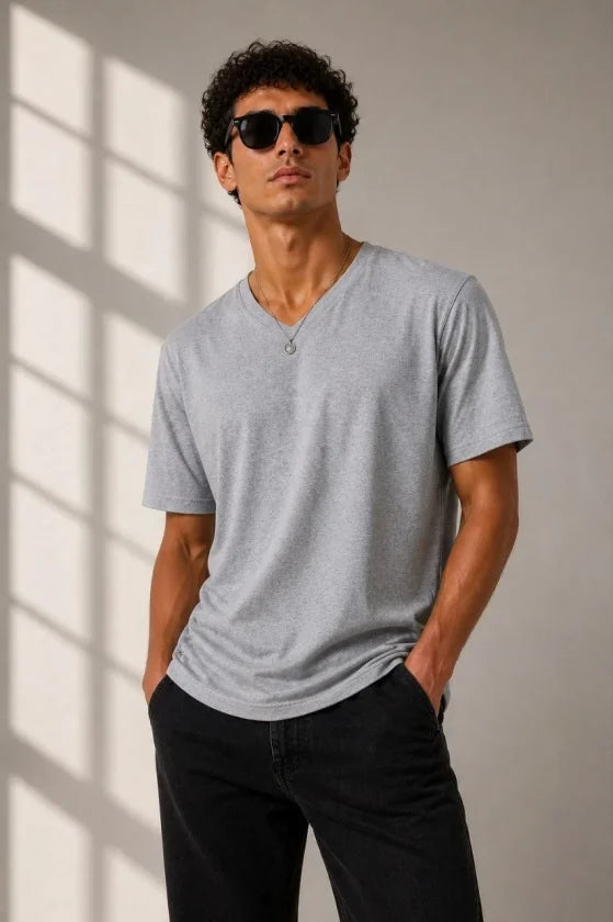 Erkek V Yaka Basic Tişört Kısa Kol Yazlık Regular Fit T-Shirt - Gri (189120)