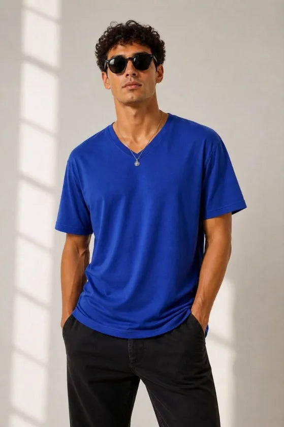 Erkek V Yaka Basic Tişört Kısa Kol Yazlık Regular Fit T-Shirt - Saks Mavisi (189121)