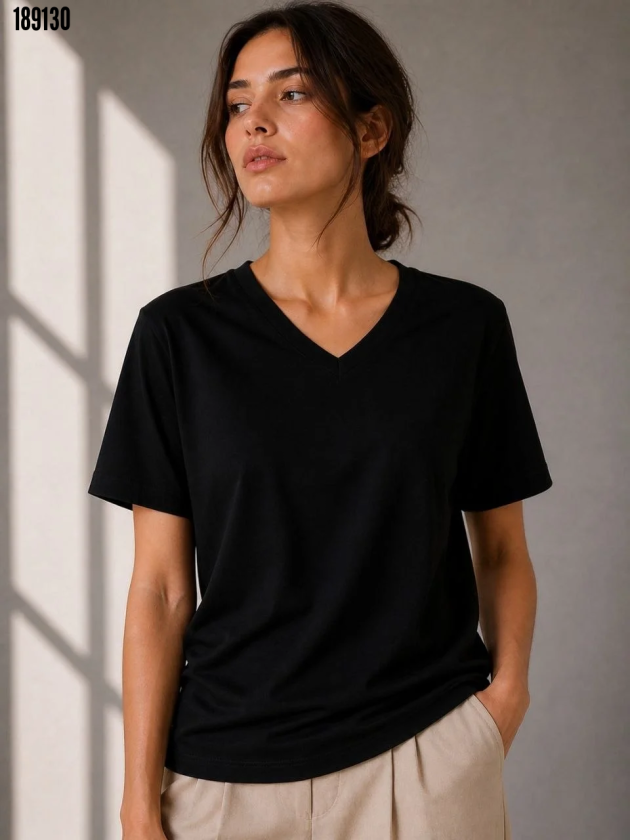V Yaka Basic Tişört Kısa Kol Yazlık Regular Fit TShirt Siyah