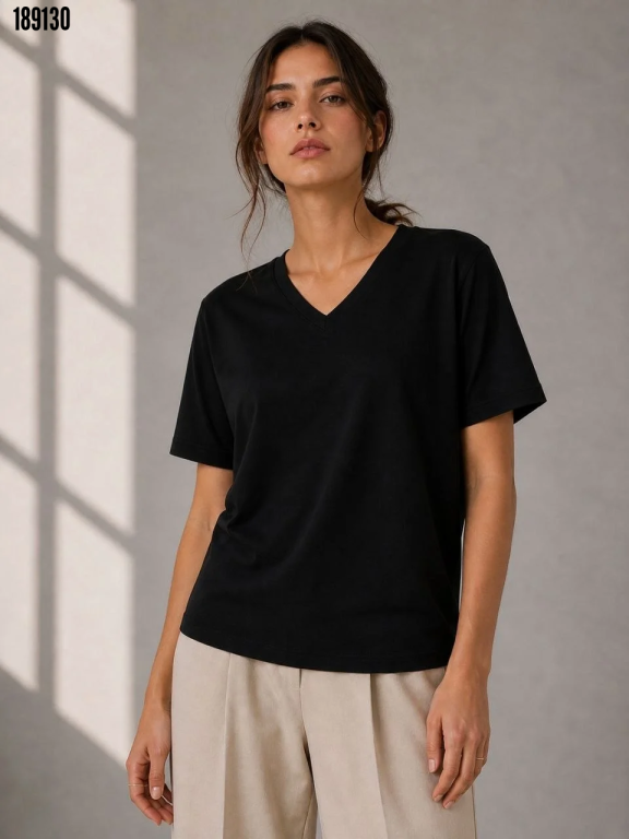 V Yaka Basic Tişört Kısa Kol Yazlık Regular Fit TShirt Siyah
