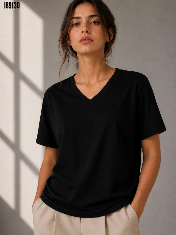 V Yaka Basic Tişört Kısa Kol Yazlık Regular Fit TShirt Siyah