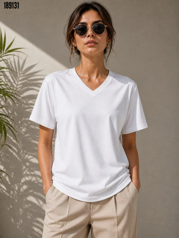 V Yaka Basic Tişört Kısa Kol Yazlık Regular Fit TShirt Beyaz