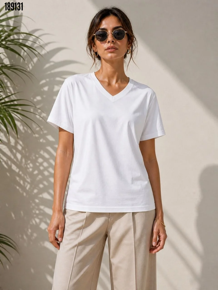 V Yaka Basic Tişört Kısa Kol Yazlık Regular Fit TShirt Beyaz