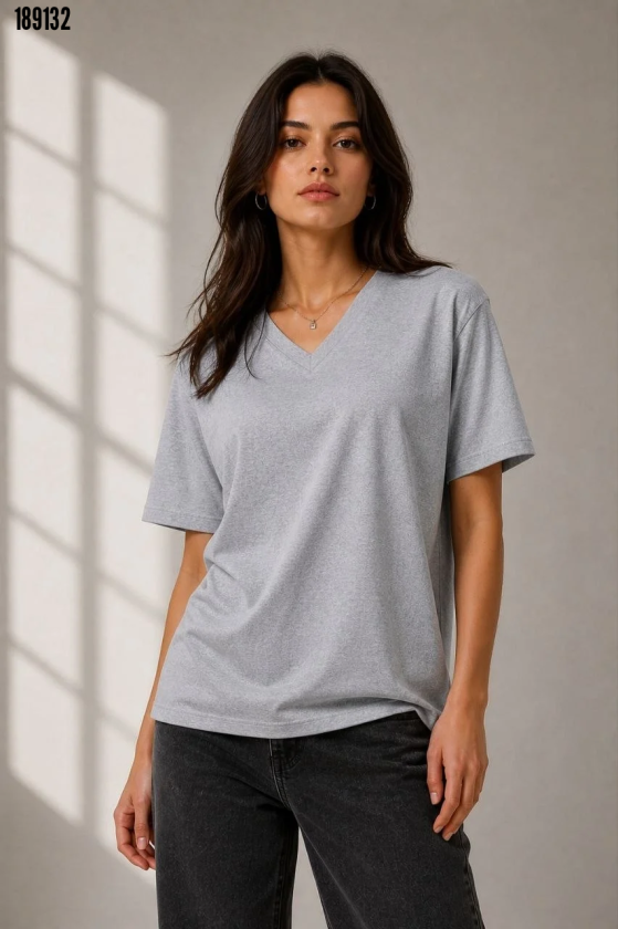 V Yaka Basic Tişört Kısa Kol Yazlık Regular Fit TShirt Gri