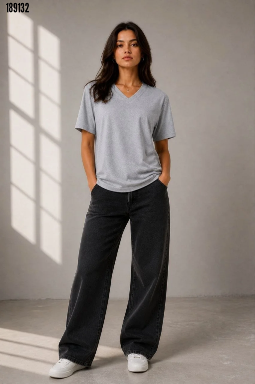 V Yaka Basic Tişört Kısa Kol Yazlık Regular Fit TShirt Gri
