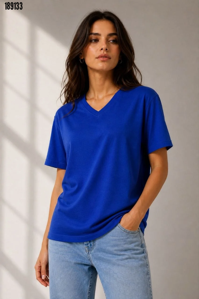 V Yaka Basic Tişört Kısa Kol Yazlık Regular Fit TShirt Saks Mavisi