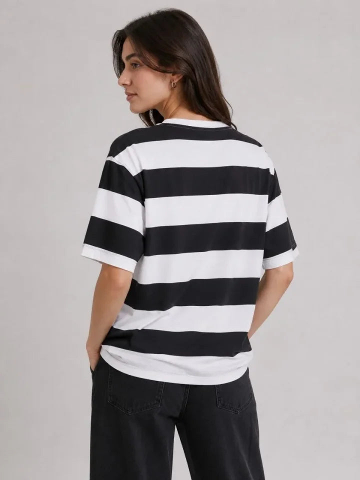 Çizgili Oversize Tişört Bisiklet Yaka Kısa Kol Yazlık T-Shirt - Siyah (189528)