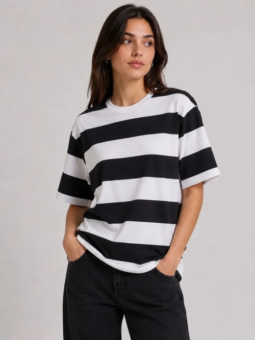 Çizgili Oversize Tişört Bisiklet Yaka Kısa Kol Yazlık T-Shirt - Siyah (189528)