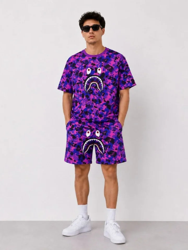Erkek Oversize Kalıp Pubg Bape X Shark Nakışlı Cepli Şort Takım - Mor (189548)