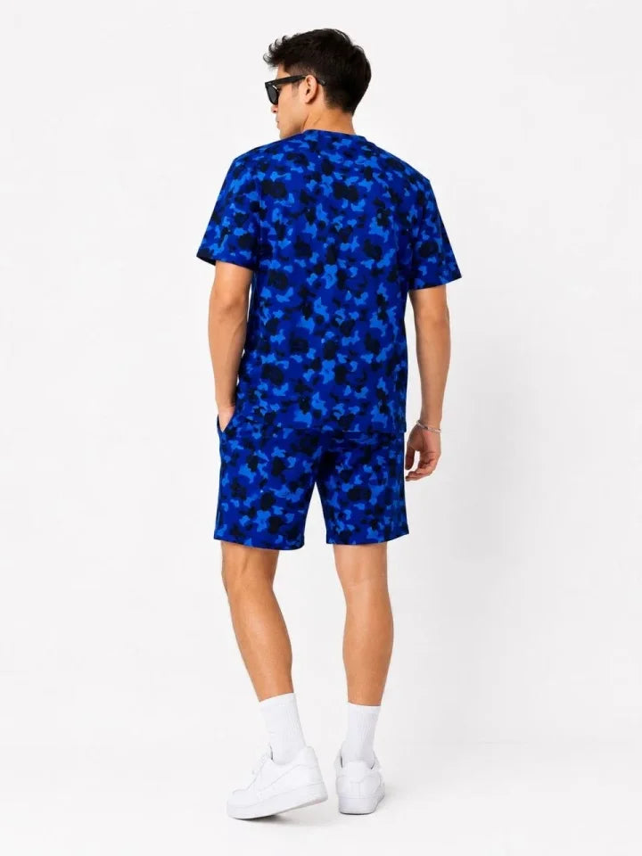Erkek Oversize Kalıp Pubg Bape X Shark Nakışlı Cepli Şort Takım - Mavi (189549)