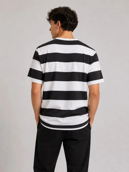Erkek Çizgili Oversize Tişört Bisiklet Yaka Kısa Kol Yazlık T-Shirt - Siyah (189550)