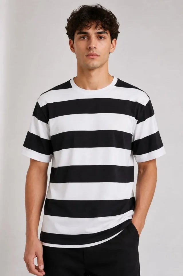 Erkek Çizgili Oversize Tişört Bisiklet Yaka Kısa Kol Yazlık T-Shirt - Siyah (189550)