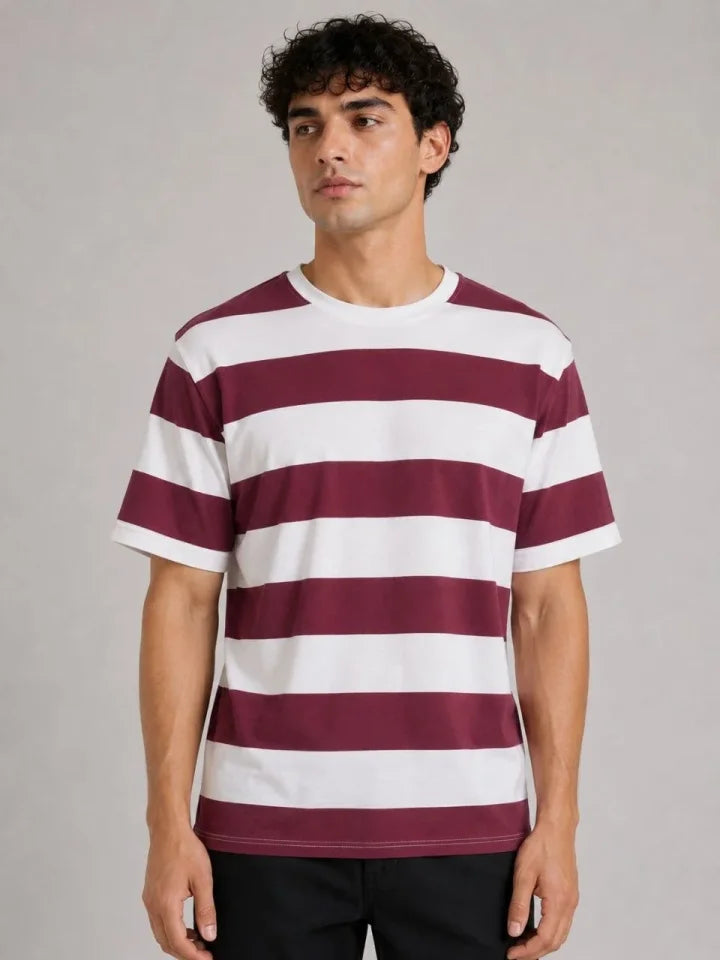 Erkek Çizgili Oversize Tişört Bisiklet Yaka Kısa Kol Yazlık T-Shirt - Bordo (189551)