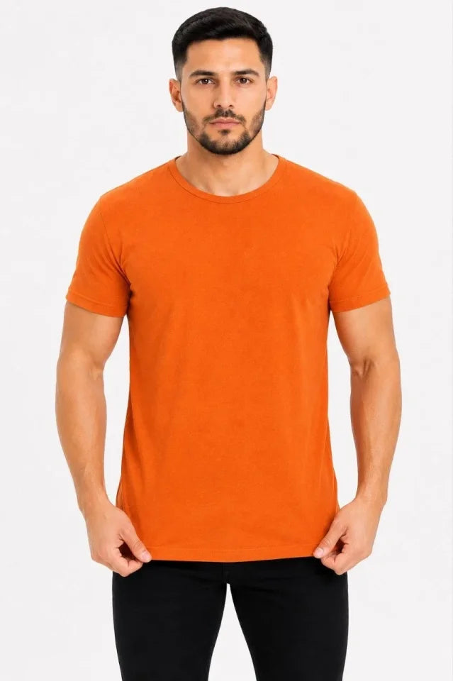 Erkek Basic Tişört Bisiklet Yaka Kısa Kol Günlük Yazlık Slim Fit T-Shirt - Turuncu (190086)