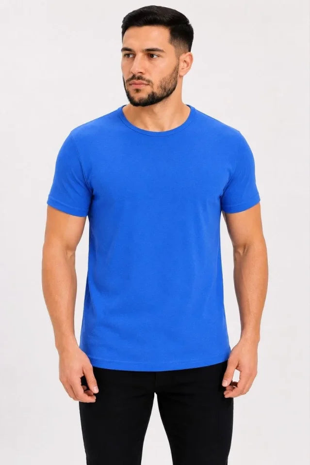 Erkek Basic Tişört Bisiklet Yaka Kısa Kol Günlük Yazlık Slim Fit T-Shirt - Saks Mavisi (190087)