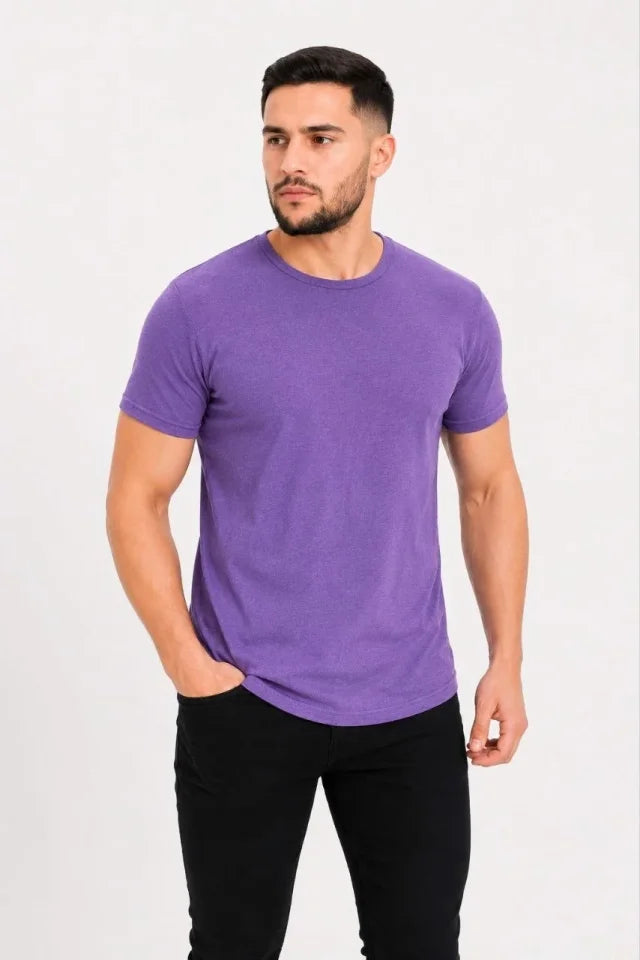 Erkek Basic Tişört Bisiklet Yaka Kısa Kol Günlük Yazlık Slim Fit T-Shirt - Mor (190088)