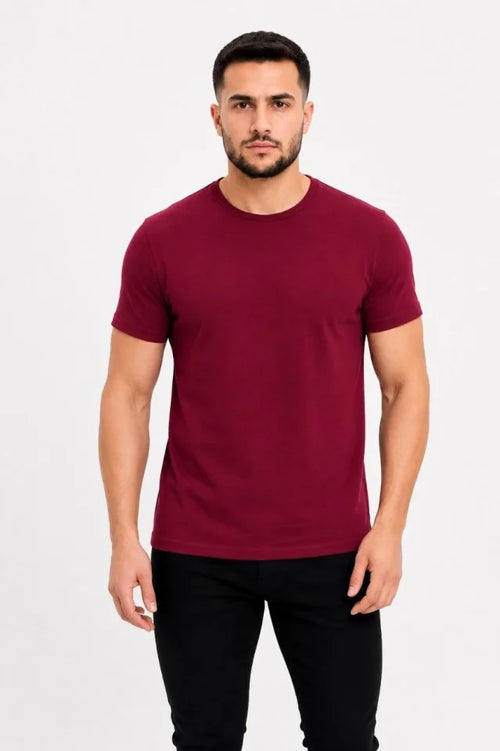 Erkek Basic Tişört Bisiklet Yaka Kısa Kol Günlük Yazlık Slim Fit T-Shirt - Bordo (190091)