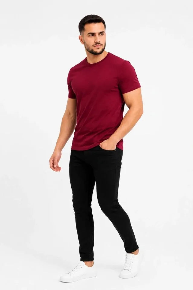Erkek Basic Tişört Bisiklet Yaka Kısa Kol Günlük Yazlık Slim Fit T-Shirt - Bordo (190091)