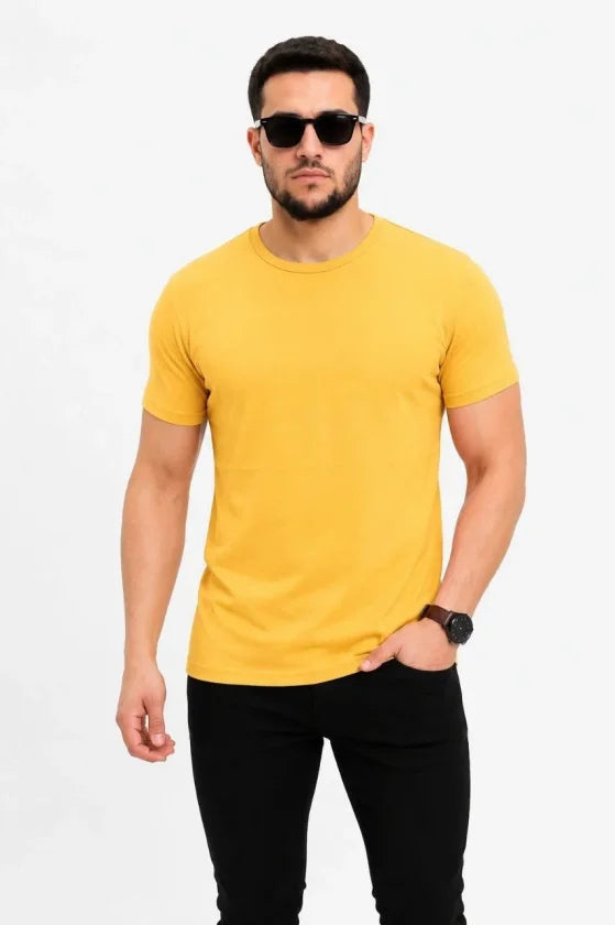 Erkek Basic Tişört Bisiklet Yaka Kısa Kol Günlük Yazlık Slim Fit T-Shirt - Sarı (190092)