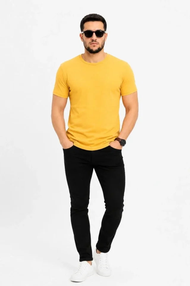 Erkek Basic Tişört Bisiklet Yaka Kısa Kol Günlük Yazlık Slim Fit T-Shirt - Sarı (190092)