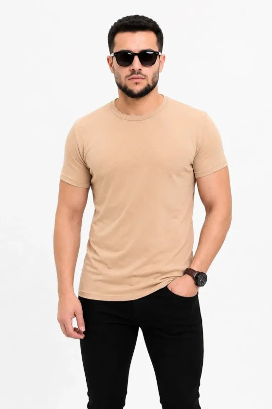 Erkek Basic Tişört Bisiklet Yaka Kısa Kol Günlük Yazlık Slim Fit T-Shirt - Bej (190093)