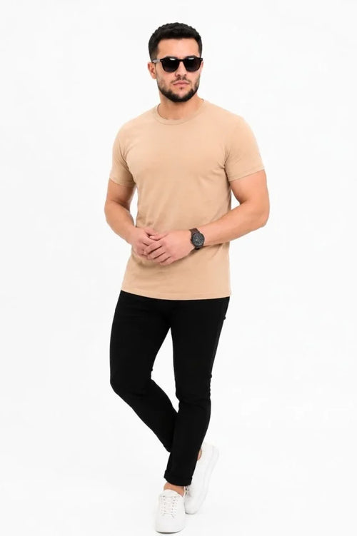Erkek Basic Tişört Bisiklet Yaka Kısa Kol Günlük Yazlık Slim Fit T-Shirt - Bej (190093)