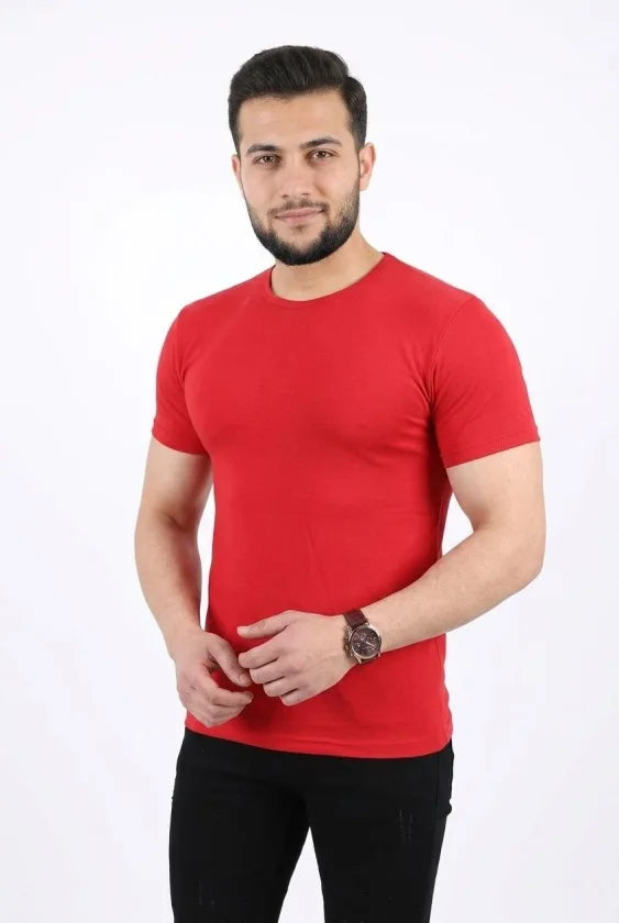 Erkek Basic Tişört Bisiklet Yaka Kısa Kol Günlük Yazlık Slim Fit T-Shirt - Kırmızı (190095)