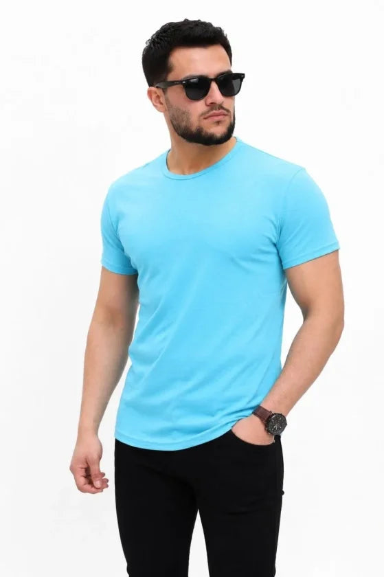 Erkek Basic Tişört Bisiklet Yaka Kısa Kol Günlük Yazlık Slim Fit T-Shirt - Açık Mavi (190096)