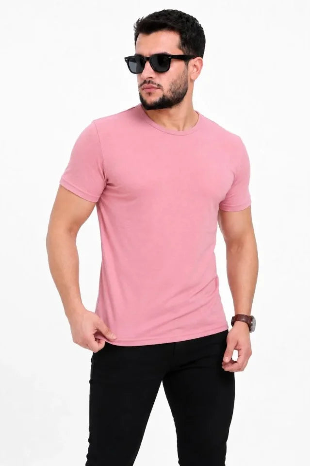 Erkek Basic Tişört Bisiklet Yaka Kısa Kol Günlük Yazlık Slim Fit T-Shirt - Pembe (190097)