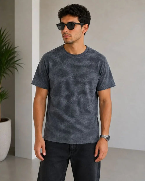 Erkek Batik Desenli Tişört Bisiklet Yaka Kısa Kol Regular Fit T-shirt - Füme (190144)