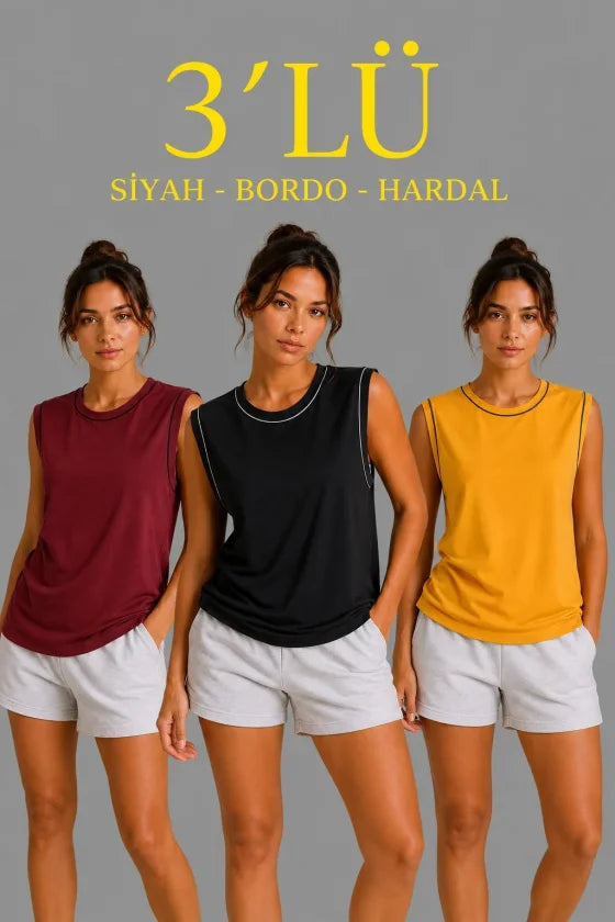 3’lü Kolsuz Sporcu Atlet Seti Yazlık Bisiklet Yaka - Siyah, Bordo, Hardal (190351)