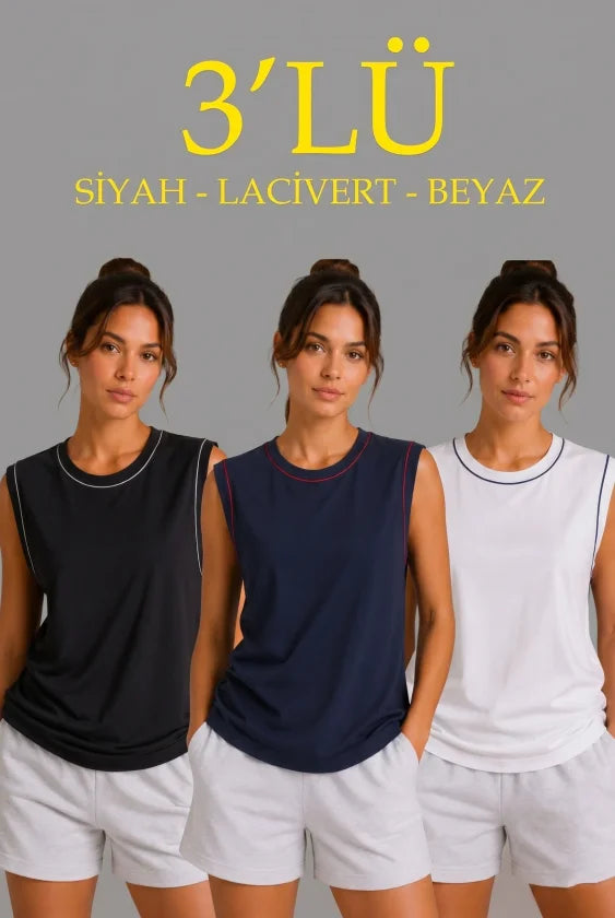 3’lü Kolsuz Sporcu Atlet Seti Yazlık Bisiklet Yaka - Siyah, Lacivert, Beyaz (190353)
