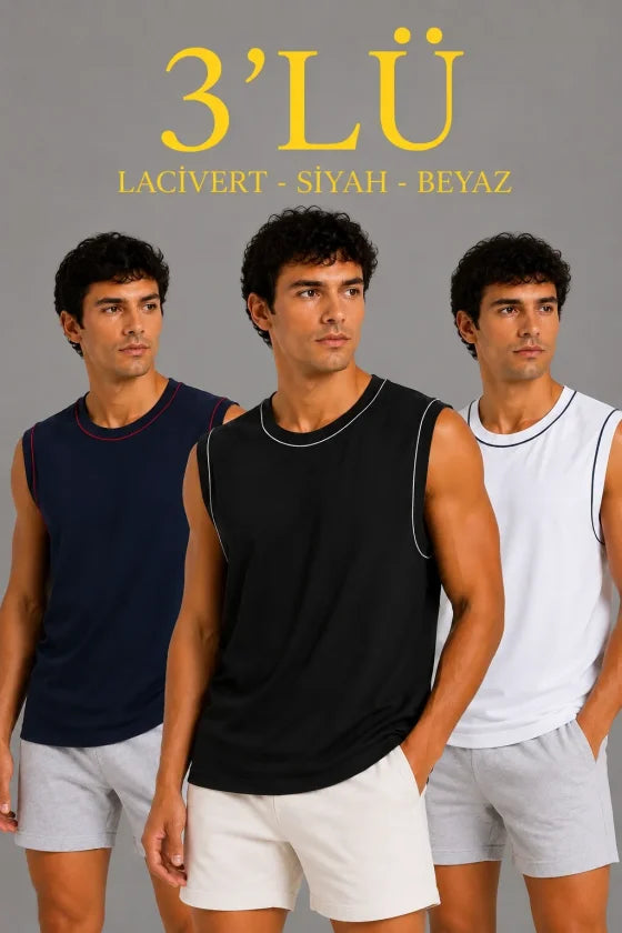 Erkek 3'lü Kolsuz Sporcu Atlet Seti Yazlık Bisiklet Yaka - Siyah / Lacivert / Beyaz (190356)