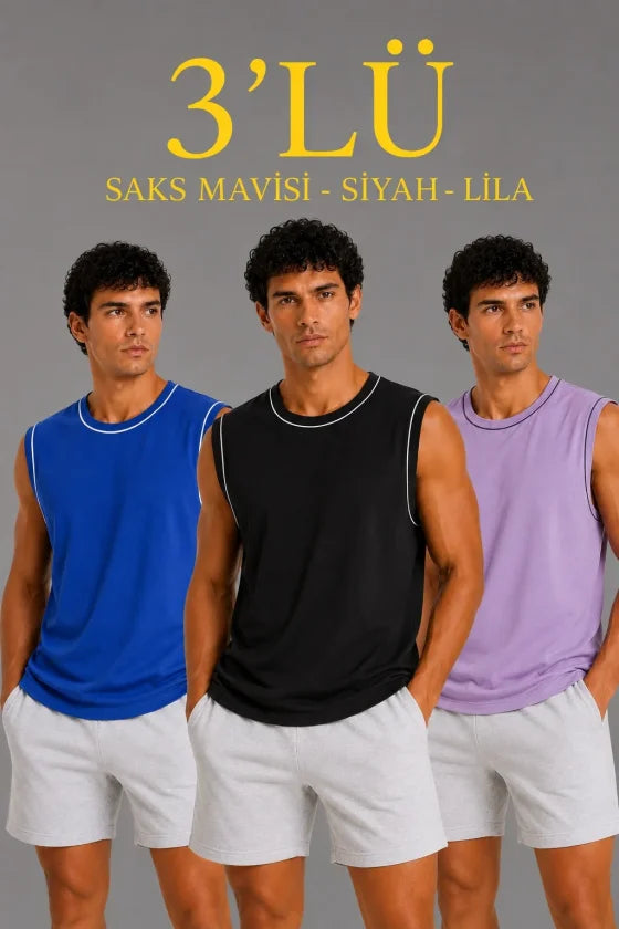 Erkek 3'lü Kolsuz Sporcu Atlet Seti Yazlık Bisiklet Yaka - Siyah / Lila / Saks Mavisi (190358)