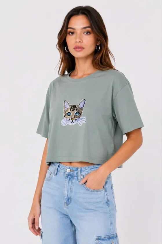 Kedi Baskılı Oversize Crop Tişört Salaş Basic Yarım Kol T-shirt - Mint Yeşili (190648)