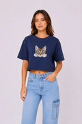 Kedi Baskılı Oversize Crop Tişört Salaş Basic Yarım Kol T-shirt - Lacivert (190649)