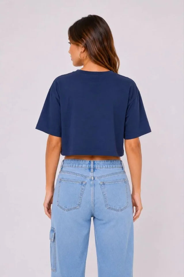 Kedi Baskılı Oversize Crop Tişört Salaş Basic Yarım Kol T-shirt - Lacivert (190649)